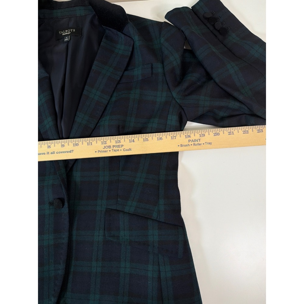 Talbots 4 Black Watch Plaid Wool Blend Velvet Collar Peplum Back Blazer Classic - Picture 5 of 9